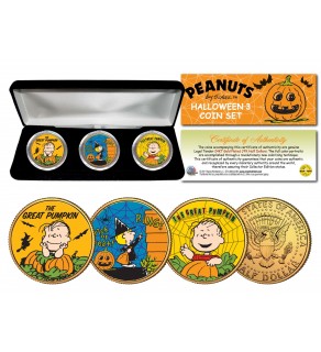 PEANUTS HALLOWEEN Great Pumpkin Linus - Sally - Web JFK Half Dollars 3-Coin 24KT Gold Plated Set with Box