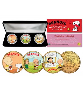 PEANUTS VALENTINE'S DAY - Snoopy - Lucy - Peppermint Patty - Charlie Brown JFK Half Dollars 3-Coin 24KT Gold Plated Set with Box
