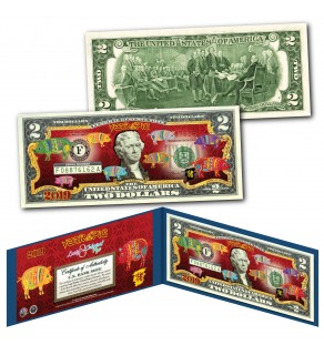 2019 Chinese New Year * YEAR OF THE PIG * POLYCHROMATIC 8 COLORIZED PIG’S Genuine Legal Tender U.S. $2 BILL - $2 Lucky Money with Blue Folio