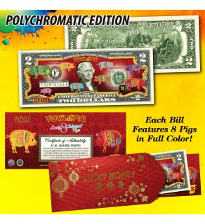 2019 Chinese New Year * YEAR OF THE PIG * POLYCHROMATIC 8 COLORIZED PIG’S Genuine Legal Tender U.S. $2 BILL - $2 Lucky Money with Red Envelope