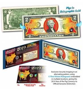 2019 Chinese New Year - YEAR OF THE PIG - Gold Hologram Legal Tender U.S. $2 BILL - $2 Lucky Money with Blue Folio **SOLD OUT** 