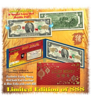 24KT GOLD 2019 Chinese New Year - YEAR OF THE PIG - Legal Tender U.S. $2 BILL - Limited & Numbered of 888 - $2 Lucky Money ***SOLD OUT*** 