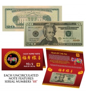 2019 CNY Chinese YEAR of the PIG Lucky Money S/N 88 U.S. $20 Bill w/ Red Folder
