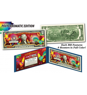 Lot of 25 - 2017 Chinese New Year * YEAR OF THE ROOSTER * POLYCROMATIC 8 COLORIZED ROOSTER’S Genuine Legal Tender U.S. $2 BILL - $2 Lucky Money with Blue Folio