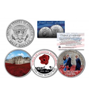 TOWER OF LONDON REMEMBERS THE FIRST WORLD WAR - Colorized JFK Kennedy Half Dollar U.S. 3-Coin Set