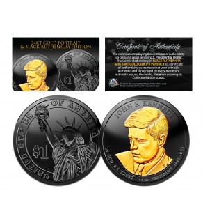 Black RUTHENIUM Clad John F Kennedy 2015 Presidential $1 Dollar U.S. Coin with 24K Gold Clad JFK Portrait - P Mint