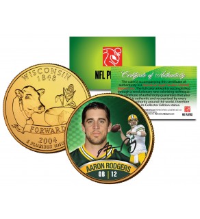 AARON RODGERS Colorized Wisconsin Statehood Quarter 24K Gold Plated Coin PACKERS - Officially Licensed