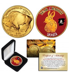 2023 Chinese New Year * YEAR OF THE RABBIT * 24 Karat Gold Plated $50 American Gold Buffalo Indian Tribute Coin with DELUXE BOX