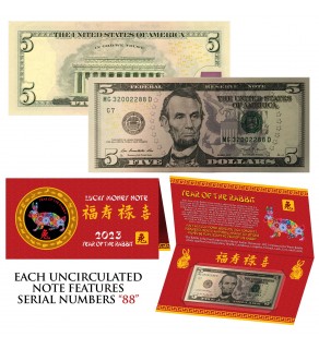 2023 CNY Chinese YEAR of the RABBIT Lucky Money S/N 88 U.S. $5 Bill w/ Red Folder