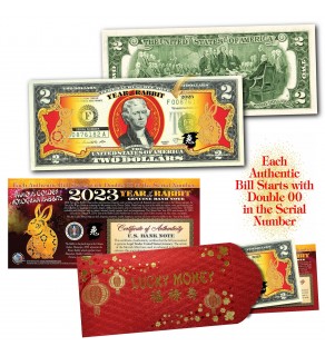2023 Chinese New Year - YEAR OF THE RABBIT - Gold Hologram Legal Tender U.S. $2 BILL - $2 Lucky Money with Red Envelope