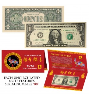 2023 CNY Chinese YEAR of the RABBIT Lucky Money S/N 88 U.S. $1 Bill w/ Red Folder