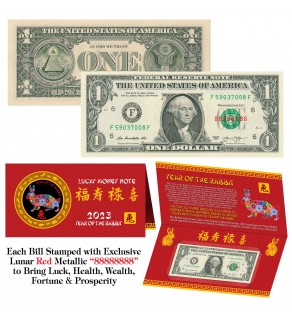 2023 Chinese Lunar New Year YEAR of the RABBIT Red Metallic Stamp Lucky 8 Genuine $1 Bill w/Folder 
