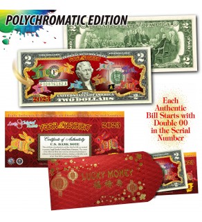 2023 Chinese New Year * YEAR OF THE RABBIT * POLYCHROMATIC 8 COLORIZED RABBITS Genuine Legal Tender U.S. $2 BILL - $2 Lucky Money with Red Envelope