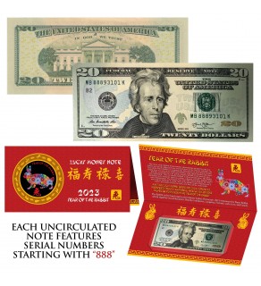 2023 CNY Chinese YEAR of the RABBIT Lucky Money S/N 888 U.S. $20 Bill w/ Red Folder