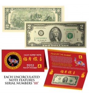 2023 CNY Chinese YEAR of the RABBIT Lucky Money S/N 88 U.S. $2 Bill w/ Red Folder