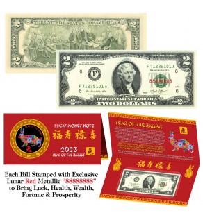 2023 Chinese Lunar New Year YEAR of the RABBIT Red Metallic Stamp Lucky 8 Genuine $2 Bill w/Folder