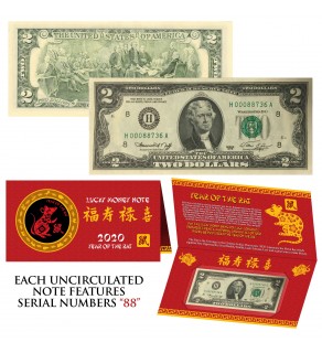 2020 Chinese YEAR of the RAT Lucky Money S/N 88 U.S. 1976 $2 Bill w/ Red Folder