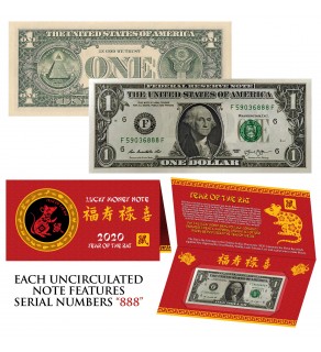 2020 CNY Chinese YEAR of the RAT Lucky Money S/N 888 U.S. $1 Bill w/ Red Folder