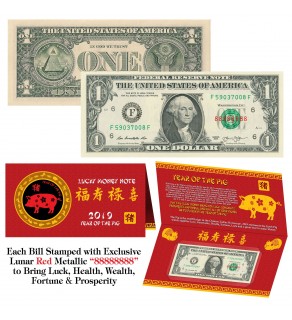 2019 Chinese Lunar New Year YEAR of the PIG Red Metallic Stamp Lucky 8 Genuine $1 Bill with Red Folder 