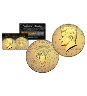 2016 JFK Kennedy Half Dollar U.S. Coin Uncirculated with Reverse Mirrored Imaging & Frosting Technology – 24KT GOLD EDITION * D MINT *