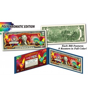 2017 Chinese New Year * YEAR OF THE ROOSTER * POLYCROMATIC 8 COLORIZED ROOSTER’S Genuine Legal Tender U.S. $2 BILL - $2 Lucky Money with Blue Folio