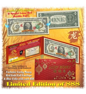 24KT GOLD 2024 Chinese New Year - YEAR OF THE DRAGON - Legal Tender U.S. $1 BILL * Limited & Numbered of 888