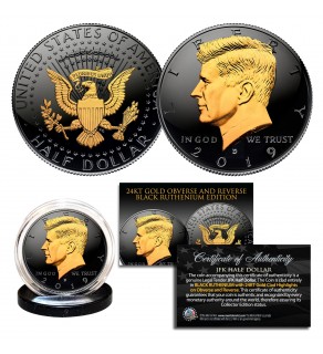 Black RUTHENIUM 2-SIDED 2019 Kennedy Half Dollar U.S. Coin with 24K Gold Clad JFK Portrait on Obverse & Reverse (D Mint)