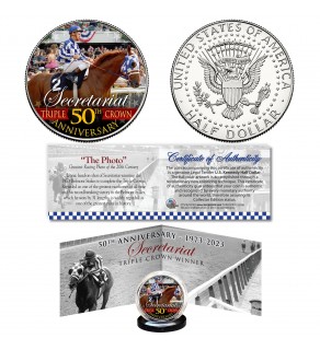 SECRETARIAT Triple Crown 50th Anniversary Official Genuine Legal Tender JFK Kennedy Half Dollar U.S. Coin with "The Famous Photo" Panoramic Display Certificate of Authenticity