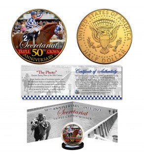 SECRETARIAT Triple Crown 50th Anniversary Official Genuine 24K Gold Plated JFK Kennedy Half Dollar U.S. Coin with "The Famous Photo" Panoramic Display Certificate of Authenticity