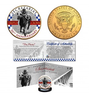 SECRETARIAT Triple Crown FAMOUS PHOTO 50th Anniversary Official Genuine 24K Gold Plated JFK Kennedy Half Dollar U.S. Coin with "The Famous Photo" Panoramic Display Certificate of Authenticity