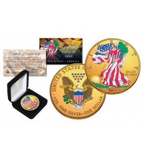 Dual 24K GOLD GILDED & COLORIZED 2-Sided 1 Troy Oz. 2016 Silver Eagle U.S. Coin with Deluxe Felt Display Box 