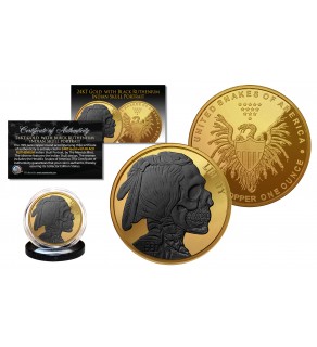 INDIAN HEAD SKULL 1 oz Copper Medallion Coin 24K GOLD GILDED with Black Ruthenium Skull Head - Snakes of America 