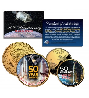 MAN IN SPACE - 50th Anniversary - Florida Quarter & JFK Half Dollar US 2-Coin Set 24K Gold Plated