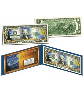 STARRY NIGHT by Vincent van Gogh - Famous Masterpieces - Genuine Legal Tender Colorized U.S. $2 Bill