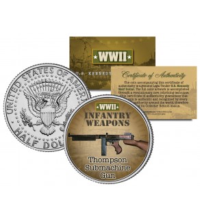 THOMPSON SUBMACHINE GUN - WWII Infantry Weapons - JFK Half Dollar U.S. Coin