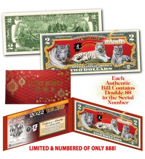 2022 Chinese New Year - YEAR OF THE TIGER - EXCLUSIVE WHITE TIGER Legal Tender U.S. $2 BILL - $2 Lucky Money with Red Folio & Red Envelope - LIMITED & NUMBERED of 888 Worldwide (SOLD OUT)
