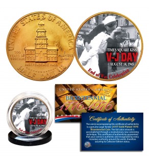 1976 Bicentennial JFK Kennedy Half Dollar - WW II V-J DAY - 24K Gold Plated Coin