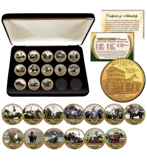 TRIPLE CROWN WINNERS Thoroughbred Horse Racing 24K Gold Plated Kentucky Statehood Quarter U.S. 13-Coin Set with Deluxe Display Box