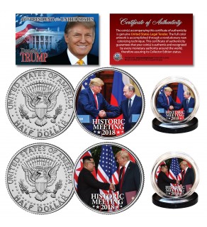 DONALD TRUMP Historic Meetings 2018 Vladimir Putin & Kim Jong-un Genuine JFK Kennedy U.S. Half Dollar 2-Coin Set