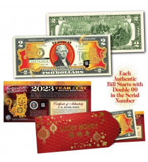 2023 Vietnamese Lunar New Year - YEAR OF THE CAT - Gold Hologram Legal Tender U.S. $2 BILL - $2 Lucky Money with Red Envelope