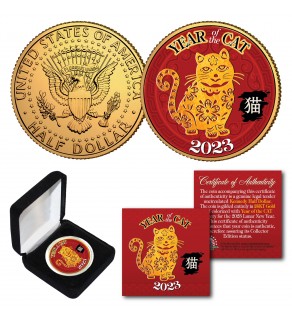2023 Vietnamese Lunar New Year * YEAR OF THE CAT * 24K Gold Plated JFK Kennedy Half Dollar Coin with DELUXE BOX