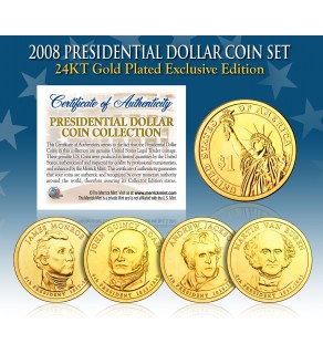 2008 Presidential $1 Dollar U.S. 24K GOLD PLATED - Complete 4-Coin Set - with Capsules