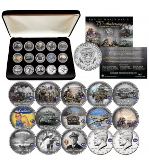 WORLD WAR II End of WWII 75th Anniversary JFK Half Dollar U.S. 15-Coin Complete Set with Premium Deluxe Display BOX