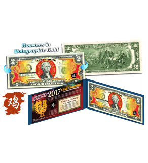 Lot of 25 - 2017 Chinese New Year - YEAR OF THE ROOSTER - Gold Hologram Legal Tender U.S. $2 BILL - $2 Lucky Money with Blue Folio