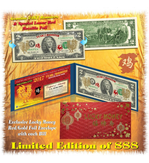 24KT GOLD 2017 Chinese New Year - YEAR OF THE ROOSTER - Legal Tender U.S. $2 BILL -  Limited of 888  - $2 Lucky Money ***SOLD OUT*** 