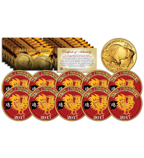 2017 Chinese New Year * YEAR OF THE ROOSTER * 24 Karat Gold Plated $50 American Gold Buffalo Indian Tribute Coin (LOT OF 10)