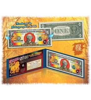 2016 Chinese New Year - YEAR OF THE MONKEY - Gold Hologram Legal Tender U.S. $1 BILL - $1 Lucky Money - With Blue Folio