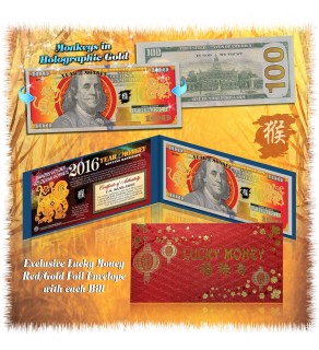 2016 Chinese New Year - YEAR OF THE MONKEY - Gold Hologram Legal Tender U.S. $100 BILL - $100 Lucky Money