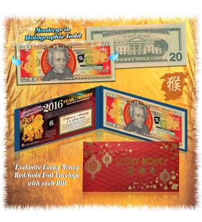 2016 Chinese New Year - YEAR OF THE MONKEY - Gold Hologram Legal Tender U.S. $20 BILL - $20 Lucky Money