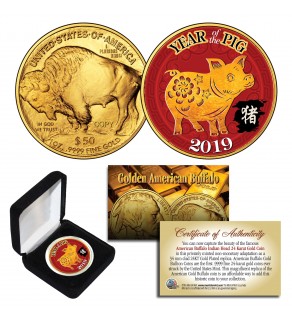 2019 Chinese New Year * YEAR OF THE PIG * 24 Karat Gold Plated $50 American Gold Buffalo Indian Tribute Coin with DELUXE BOX